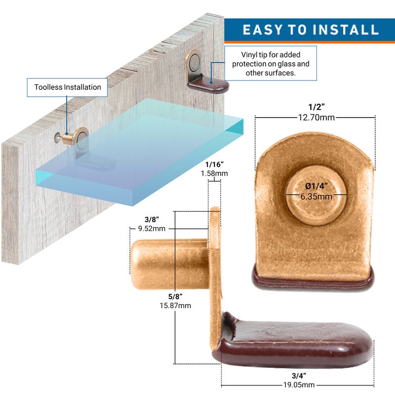 ROK 25 Pack Rok Hardware 1/4" (6.35mm) L-Shaped Glass Support Furniture Cabinet Closet Shelf Bracket Pegs with Vinyl Tip Antique Copper Finish, ROKSPGV14B - Image 3